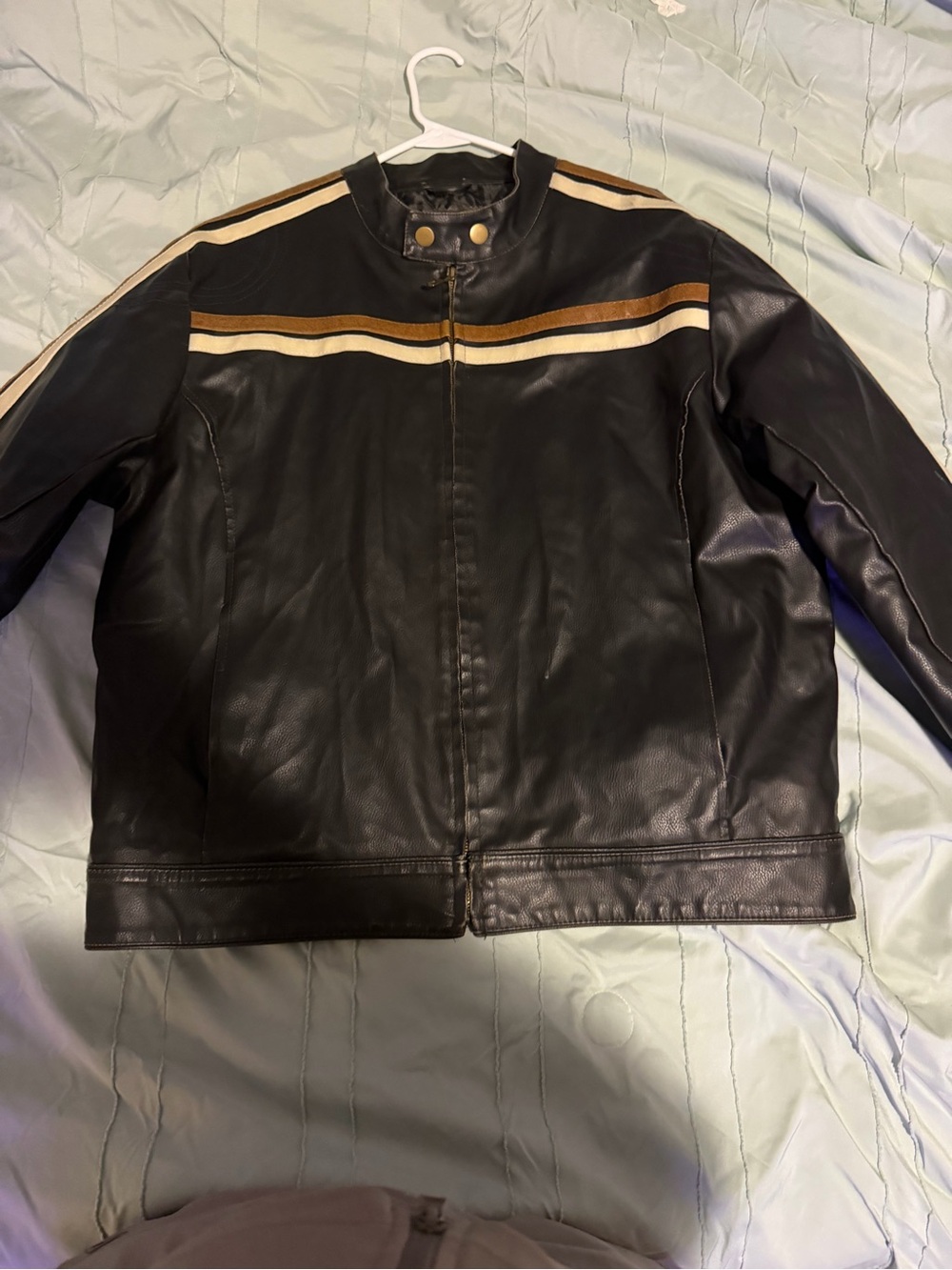 Red Camel Black Leather Jacket with Brown and Cream Racing Stripes